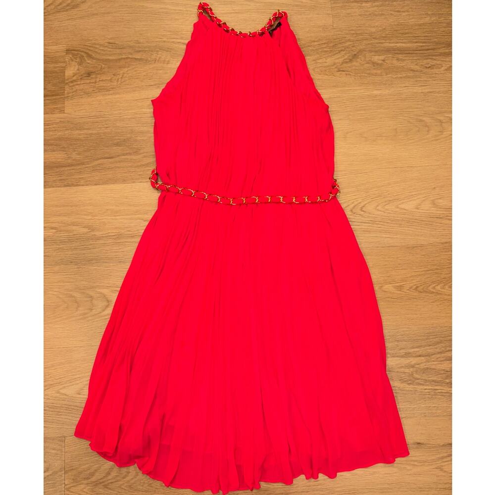 White House Black market hot pink pleated dress gold chain details womens size L - Picture 2 of 6
